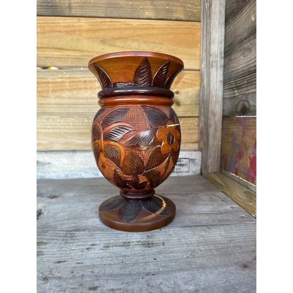 Vintage Hand Carved Wood  Bud Vase Folk Art Decor Flower Donkey‎ Palm Design